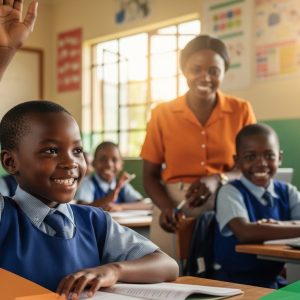 A heartwarming and inspiring hero image for an African education charity donation campaign. In a bright, sunlit rural or semi-urban Kenyan classroom, a diverse group of happy African children (ages 8–14, mix of boys and girls, wearing clean school uniforms) are joyfully learning. One girl in the foreground is smiling confidently while raising her hand to answer a question. A caring Kenyan female teacher is guiding them with a warm smile. Modern elements like laptops or tablets are visible on desks, symbolizing digital literacy and STEM education. Sunlight streams through the windows, creating a hopeful and uplifting atmosphere. Vibrant colors with warm tones of orange, yellow, and green. Background shows simple but clean school environment with educational posters on the walls. Professional photography style, highly detailed, realistic, cinematic lighting, positive and empowering mood, 16:9 aspect ratio for hero banner.