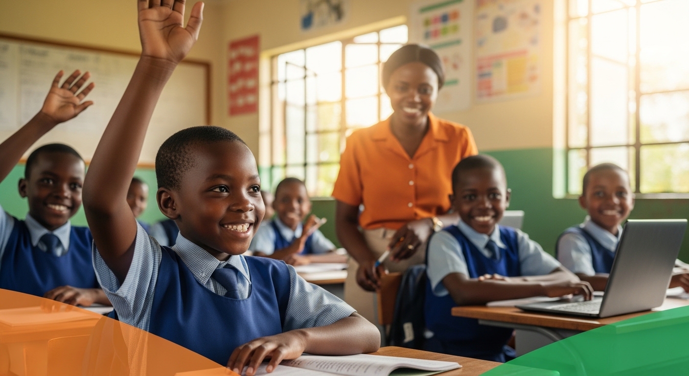 A heartwarming and inspiring hero image for an African education charity donation campaign. In a bright, sunlit rural or semi-urban Kenyan classroom, a diverse group of happy African children (ages 8–14, mix of boys and girls, wearing clean school uniforms) are joyfully learning. One girl in the foreground is smiling confidently while raising her hand to answer a question. A caring Kenyan female teacher is guiding them with a warm smile. Modern elements like laptops or tablets are visible on desks, symbolizing digital literacy and STEM education. Sunlight streams through the windows, creating a hopeful and uplifting atmosphere. Vibrant colors with warm tones of orange, yellow, and green. Background shows simple but clean school environment with educational posters on the walls. Professional photography style, highly detailed, realistic, cinematic lighting, positive and empowering mood, 16:9 aspect ratio for hero banner.